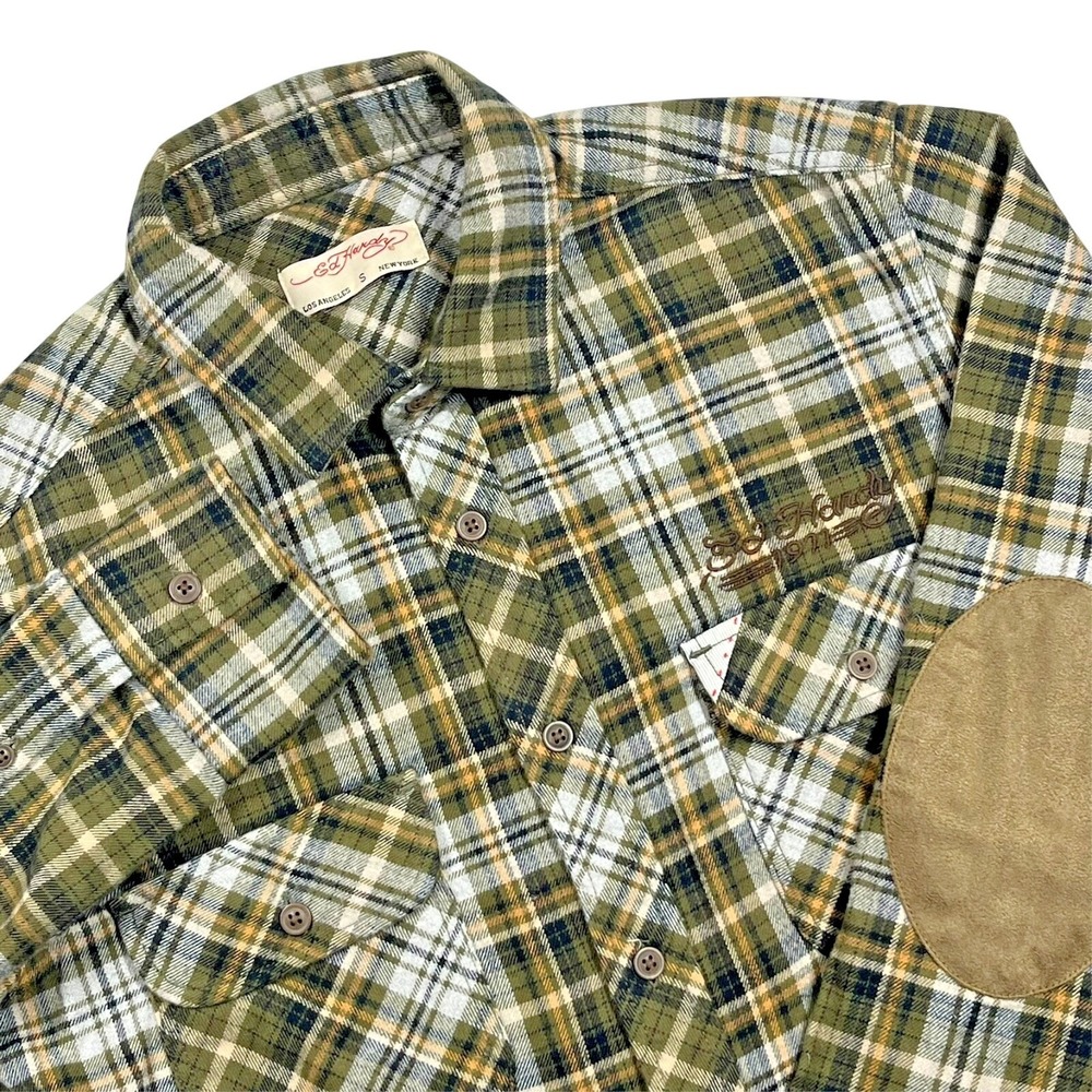 Ed Hardy Button Down Flannel Work Shirt Men's S Lumberjack Plaid Elbow Patches